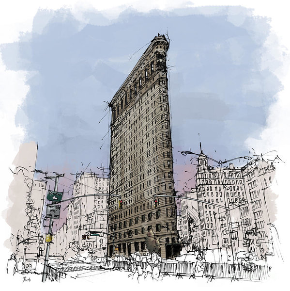 599x600 Flatiron Building, New York Sketch Art Print By Drawspots - New York Sketch