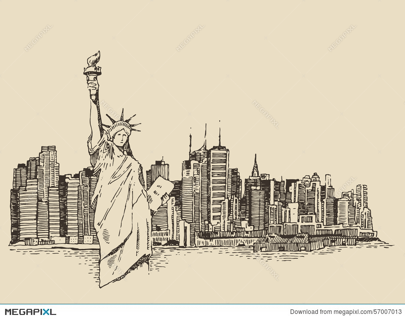 800x630 New York City With Statue Of Liberty Vector Sketch Illustration - New York Skyline Sketch