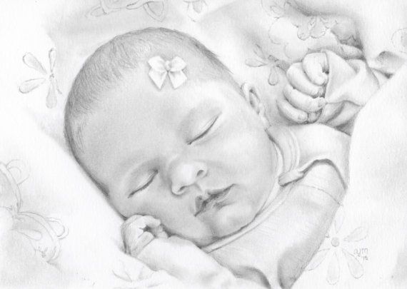 570x405 Custom Newborn Drawing Baby Illustration Memory Sketch Drawing - Newborn Baby Sketches