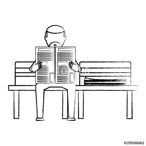 500x500 Sketch Of Old Man Sitting Reading A Newspaper On A Bench Over - Newspaper Sketch