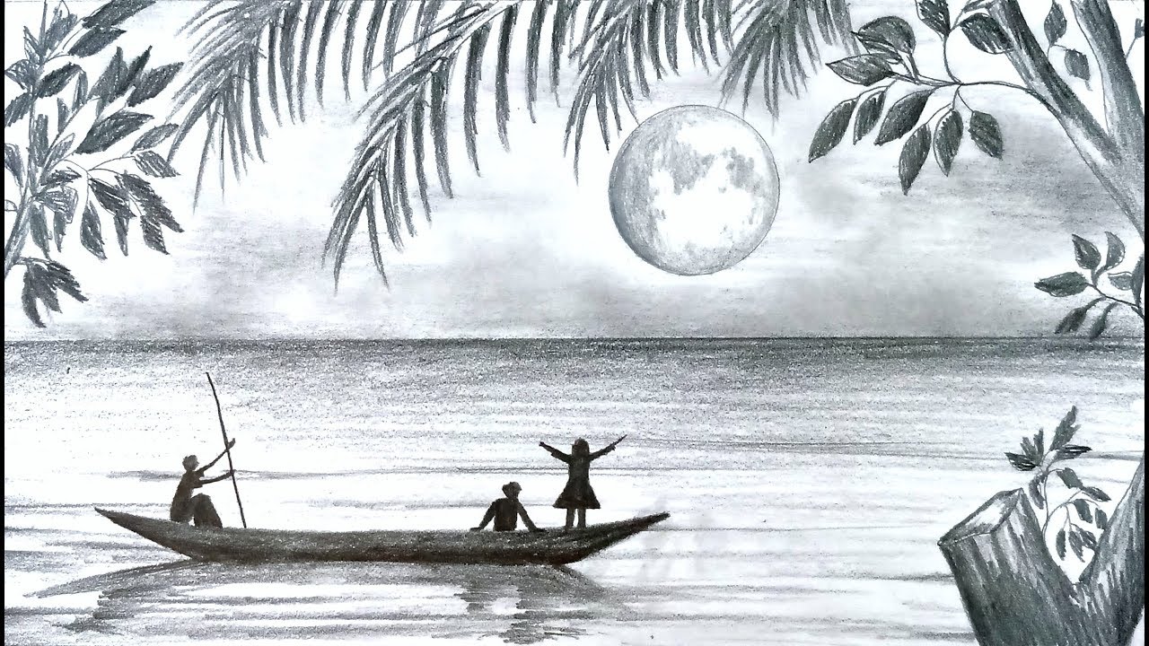 1280x720 How To Draw Scenery Of Moonlight Night Scene With Pencil Sketch - Night Sketch