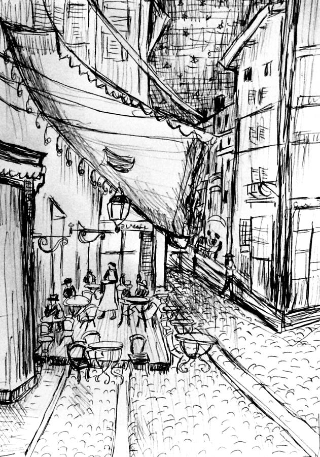 631x900 Pen Sketch Of Cafe Terrace At Night Drawing By Hae Kim - Night Sketch