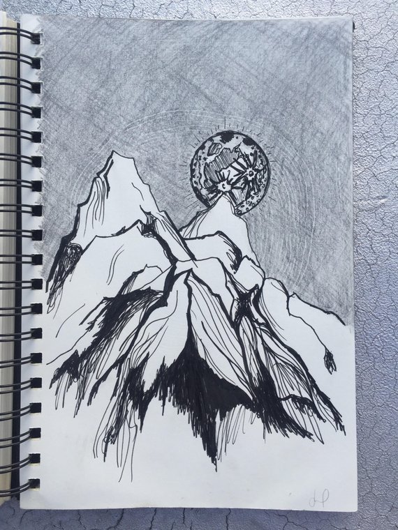 570x760 Ink Drawing Sketch Mountain Range Moon Night Sky Abstract Etsy - Night Sky Sketch