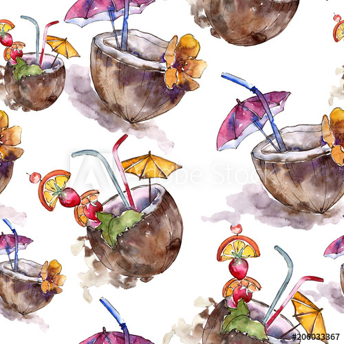 500x500 Pina Colada Party Cocktail Drink. Seamless Background Pattern - Nightclub Sketch