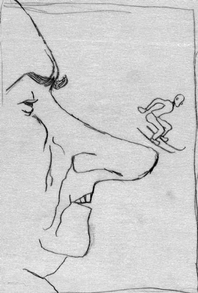 406x600 Profile Of Nixon With Skier On His Nose Drawing Wisconsin - Nixon Sketch