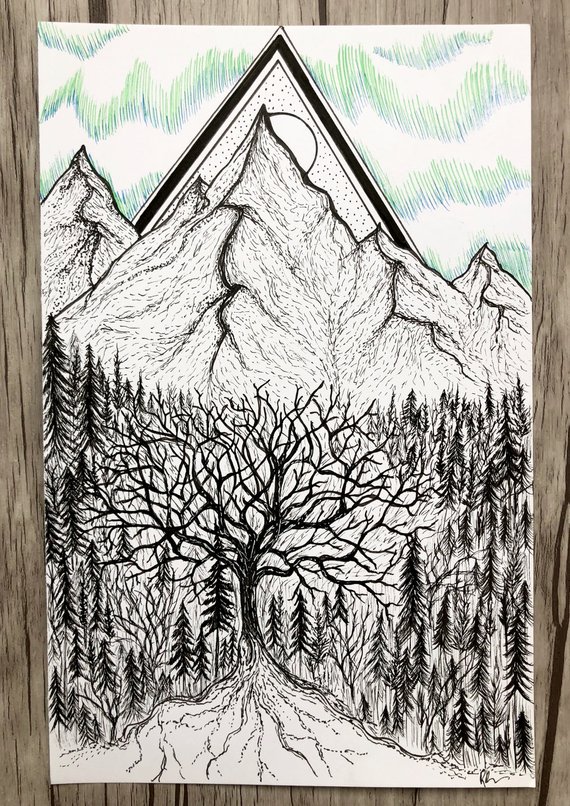 570x806 Northern Lights Pen Art Etsy - Northern Lights Sketch
