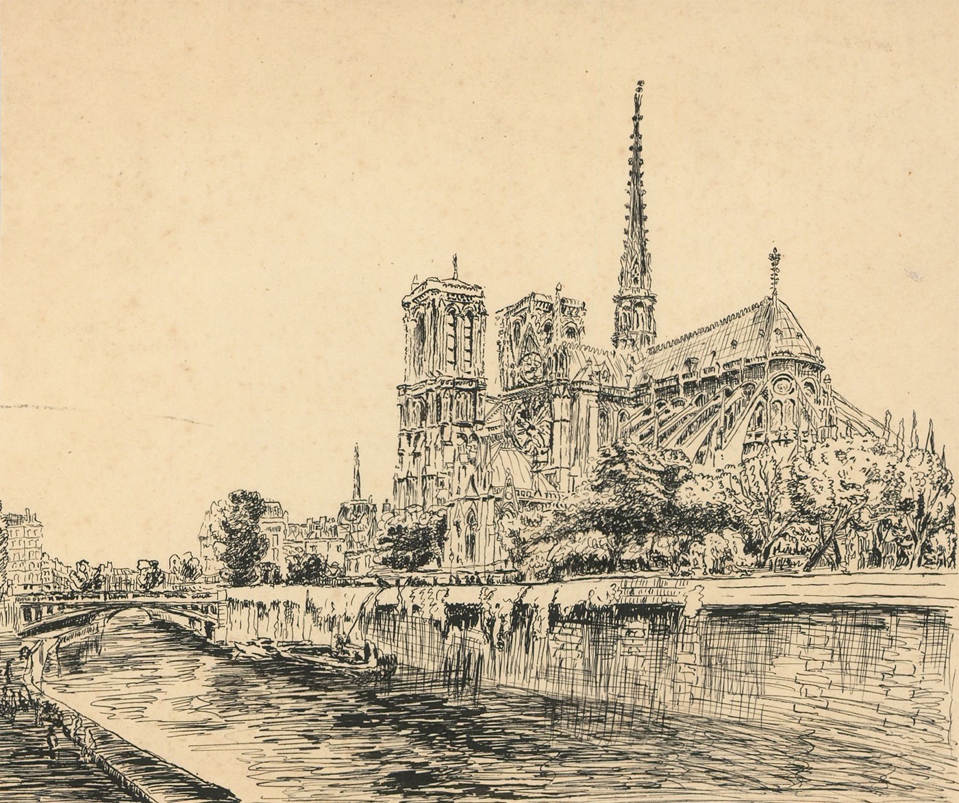 1400x1173 Mid 20th Century Pen And Ink Drawing - Notre Dame Cathedral Sketch