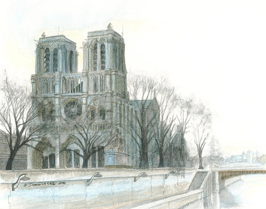 900x707 Notre Dame Cathedral In March Painting By Dominic White - Notre Dame Cathedral Sketch