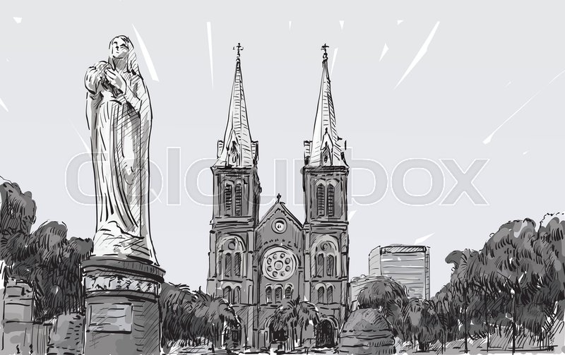 800x503 Sketch Cityscape Of Ho Chi Minh City Show Saigon Notre Dame - Notre Dame Cathedral Sketch