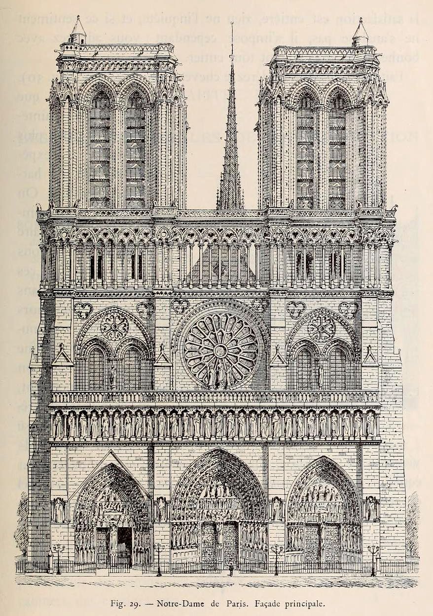 878x1248 Front Elevation Of Notre Dame Cathedral, Paris Drawing - Notre Dame Cathedral Sketch
