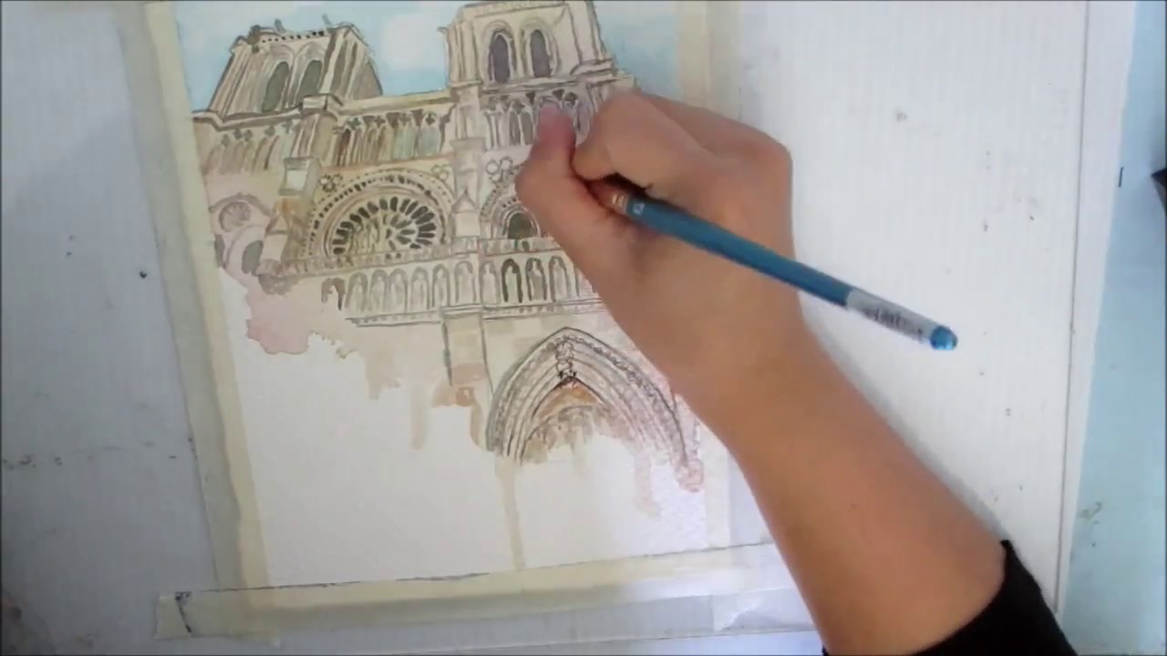 1280x720 Notre Dame Watercolor Sketch - Notre Dame Sketch