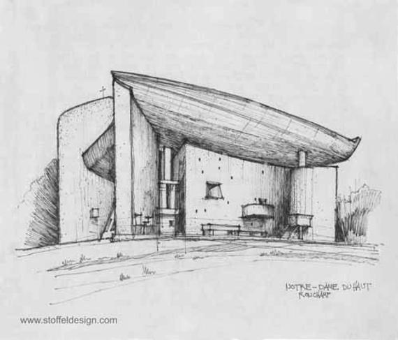 570x487 Sketch Of Notre Dame Du Haut Ronchamp France Print Etsy - Notre Dame Sketch