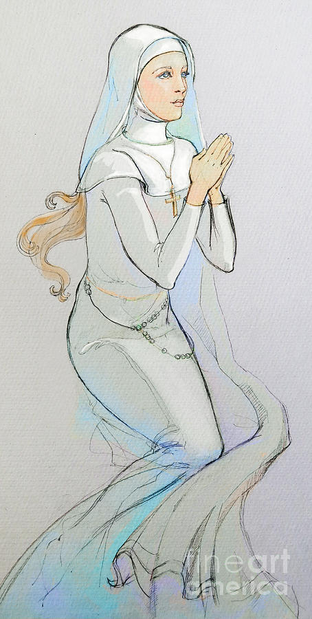 454x900 Praying Nun Drawing By Lada Hunt - Nun Sketch