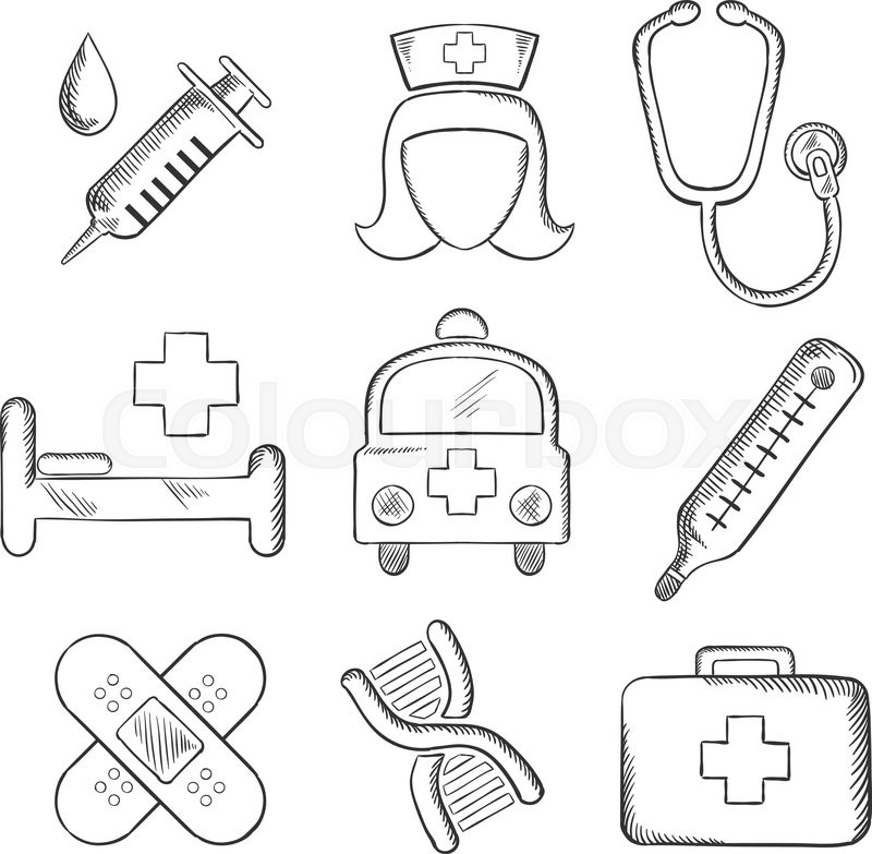 800x783 Sketched Medical And Healthcare Icons With A Syringe, Nurse - Nurse Sketch