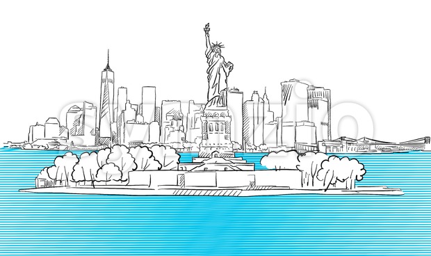 620x368 Liberty Statue With New York City Skyline Sketch Vector - Nyc Skyline Sketch