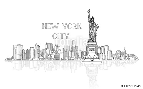 500x312 New York, Usa Skyline Sketch. Nyc City Silhouette With Liberty - Nyc Skyline Sketch