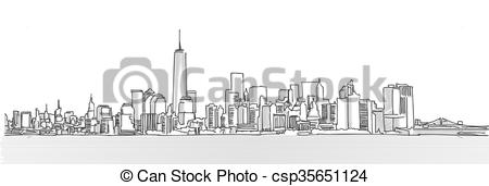 450x171 New York City Panorama Skyline, Free Hand Sketch, Vector Drawing. - Nyc Skyline Sketch