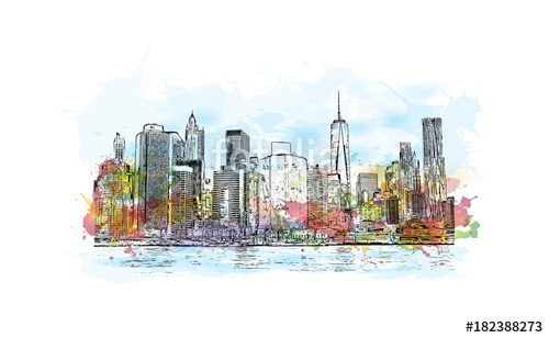 500x308 Watercolor Splash With Hand Drawn Sketch Of New York City Skyline - Nyc Skyline Sketch