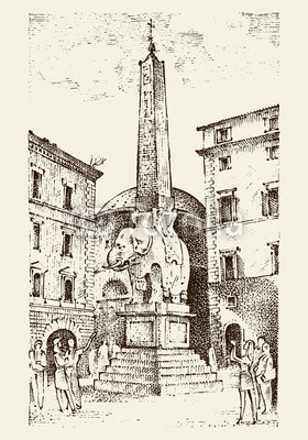 280x400 Landscape In European Town Rome In Italy . Engraved Hand Drawn In - Obelisk Sketch