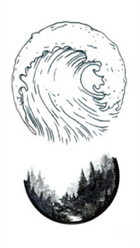 283x500 Waterproof Temporary Fake Tattoo Stickers Grey Ocean Wave Forest - Ocean Wave Sketch