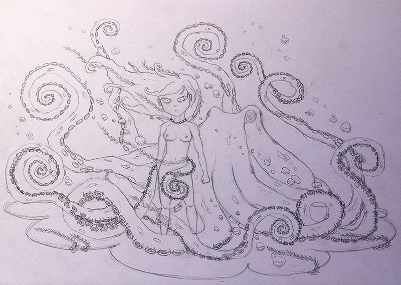 800x569 Girl And Pet - Octopus Pencil Sketch