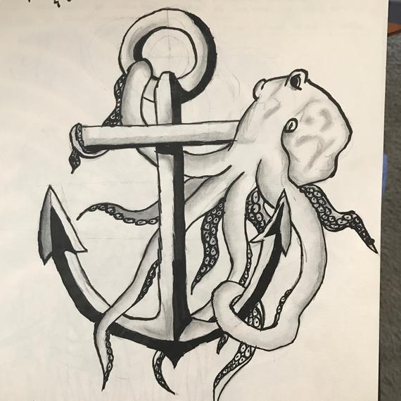 570x570 Octopus And Anchor Pencil Drawing Etsy - Octopus Pencil Sketch