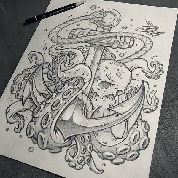600x600 Skull Octopus Anchor Design Client Wip - Octopus Tattoo Sketch