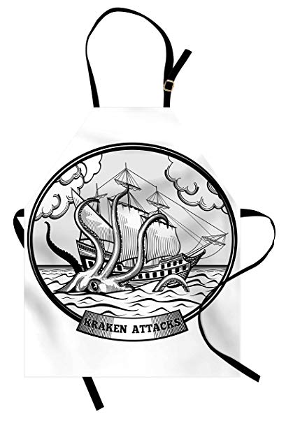 409x606 Lunarable Octopus Apron, Sailing Ship And Kraken - Octopus Tentacles Sketch