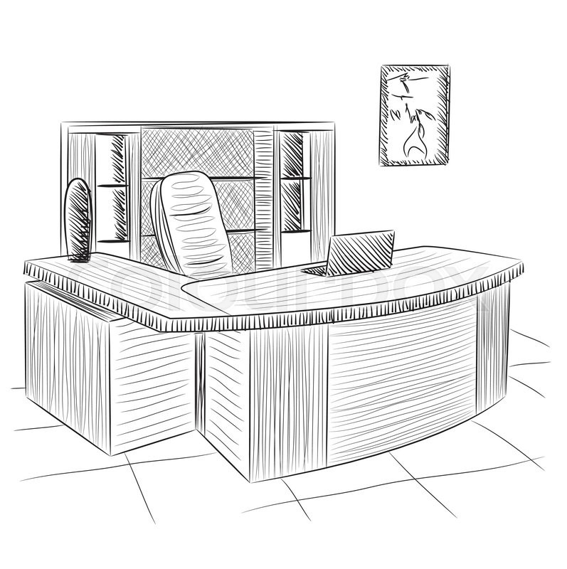 797x800 Hand Drawn Workplace. Office Interior Sketch With Table And Chair - Office Sketch