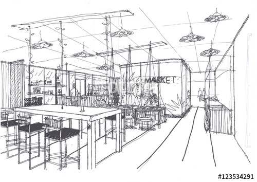 500x354 Outline Sketch Drawing And Paint Of A Interior Space, Office - Office Sketch