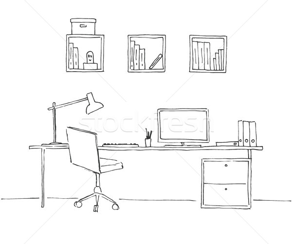 600x501 Sketch The Room. Office Chair, Desk, Various Objects On The Table - Office Sketch