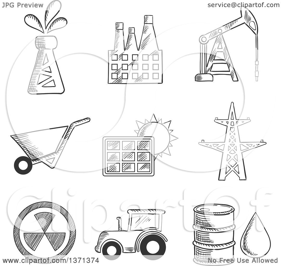 1080x1024 Clipart Of A Black And White Sketched Oil Well, Factory, Oil - Oil Derrick Sketch