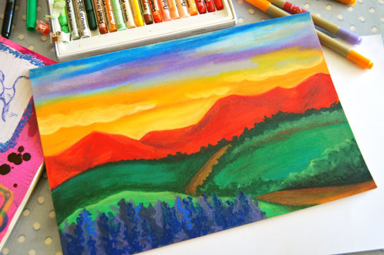 545x362 Oil Pastel Drawing Red Mountains Using Student Oil - Oil Pastel Sketches