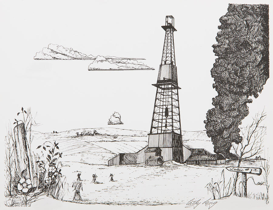 900x694 Leduc Oil Well Number One Drawing By Cathy Long - Oil Well Sketch