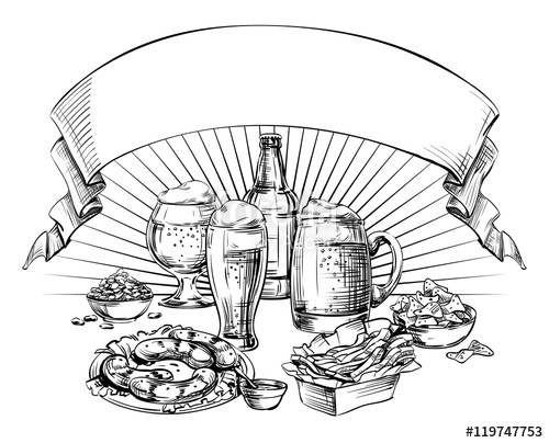 500x404 Different Glass Mugs, Bottle, Cans Beer And Snacks With Curved - Oktoberfest Sketch
