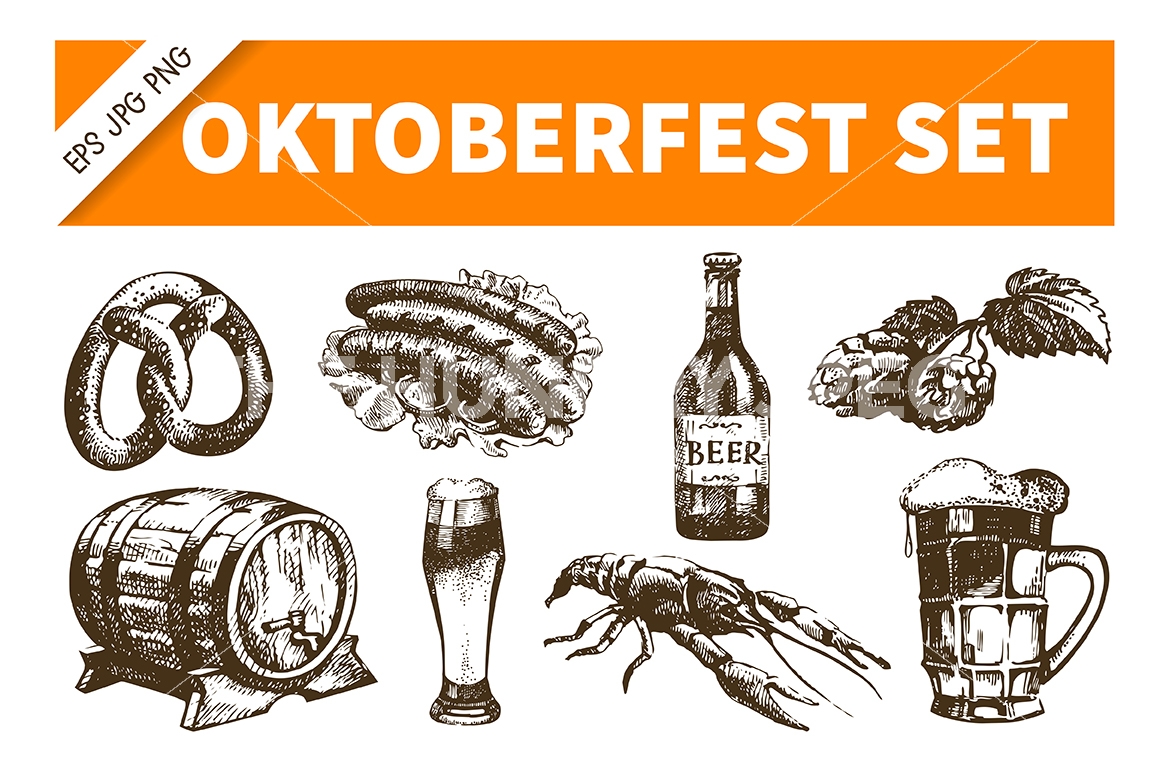 1160x772 Oktoberfest Beer Hand Drawn Sketch Vector Set By Elena Pimonova - Oktoberfest Sketch