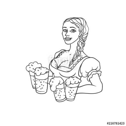 500x500 Vector Young Woman Waiter In National Dress With Mugs Beer. Symbol - Oktoberfest Sketch