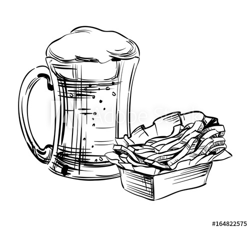 500x457 Beer In A Glass Mug And Snack French Fries. Hand Drawing For - Oktoberfest Sketch