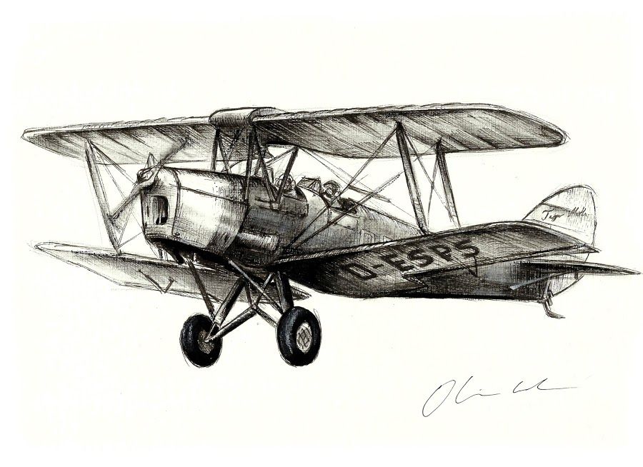 900x654 Tiger Moth By Oliver Cook - Old Airplane Sketch