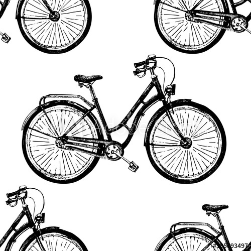 500x500 Seamless Vector Pattern With Hand Drawn Bicycle. Sketch, Ink - Old Bicycle Sketch