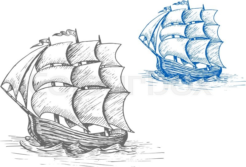 800x542 Old Sailing Ship Sketch With Billowing Sails And Flags In Stormy - Old Boat Sketch