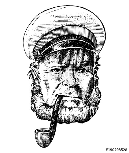 422x500 Sea Captain, Marine Old Sailor With Pipe Or Bluejacket, Seaman - Old Boat Sketch