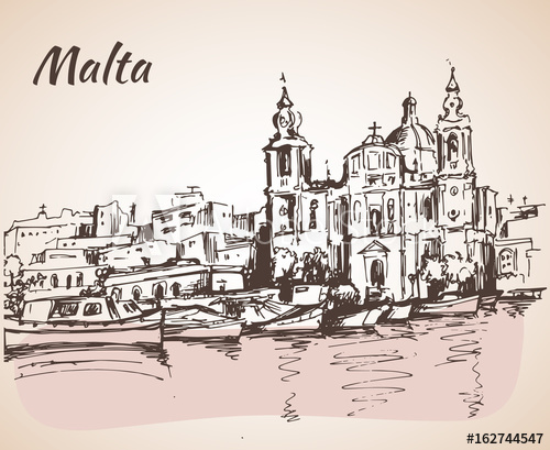 500x409 Malta Island Old Buildings Sketch. - Old Building Sketch