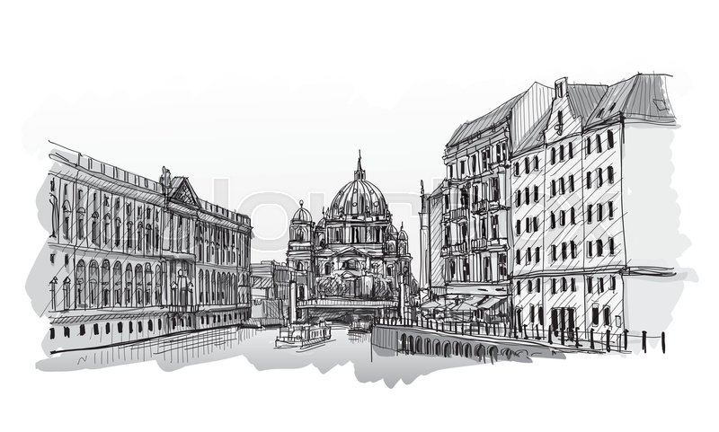800x481 Cityscape In Germany. Berlin Cathedral. Old Building Hand Drawn - Old Building Sketch