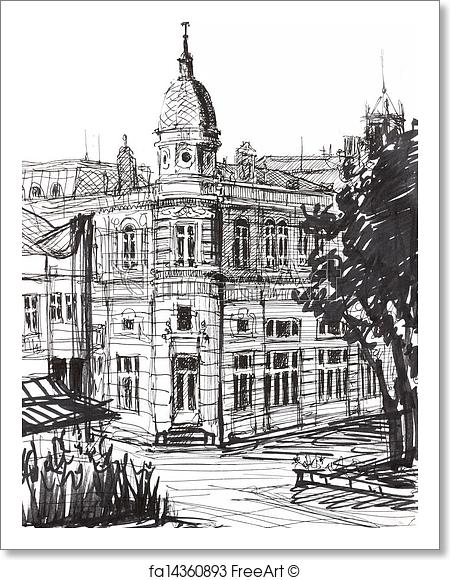 450x580 Free Art Print Of Ink Graphics Of An Old Building In Bulgaria. An - Old Building Sketch