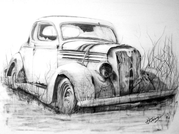 570x428 Old Abandoned Car Graphite Pencil Drawing. Print From An Original - Old Car Sketch