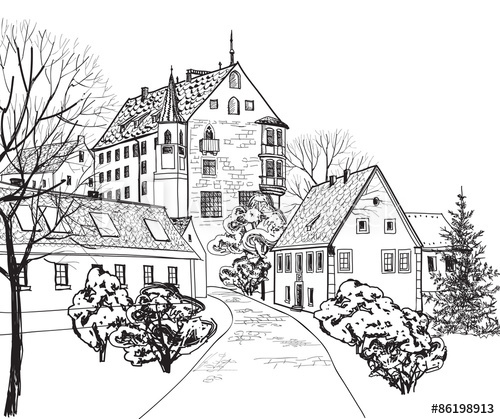 500x419 Old City Street View. Medieval European Castle Landscape. Pencil - Old City Sketch