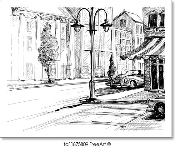 560x470 Free Art Print Of Retro City Sketch, Street, Buildings And Old - Old City Sketch