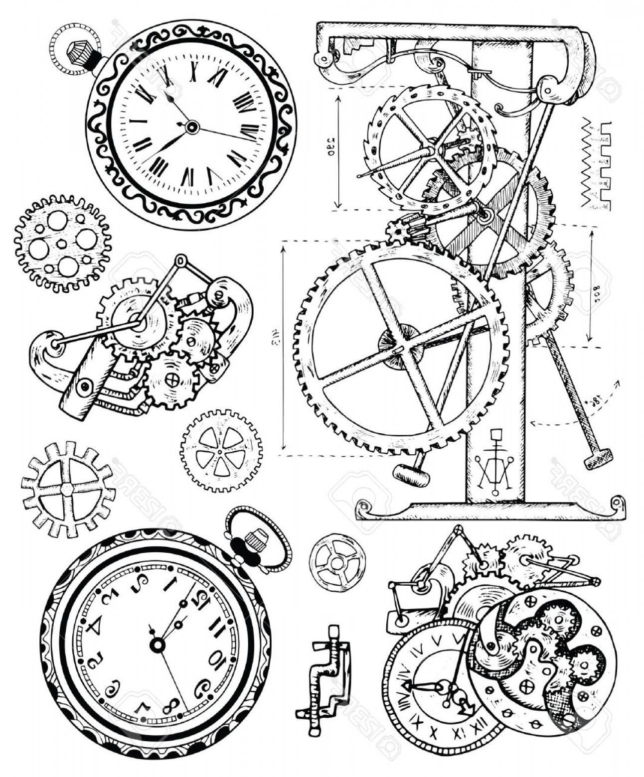 1292x1560 Photostock Vector Graphic Set With Vintage Clock Mechanism In - Old Clock Sketch