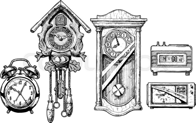 800x503 Vector Hand Drawn Sketch Of Old Clocks Set In Ink Hand Drawn Style - Old Clock Sketch